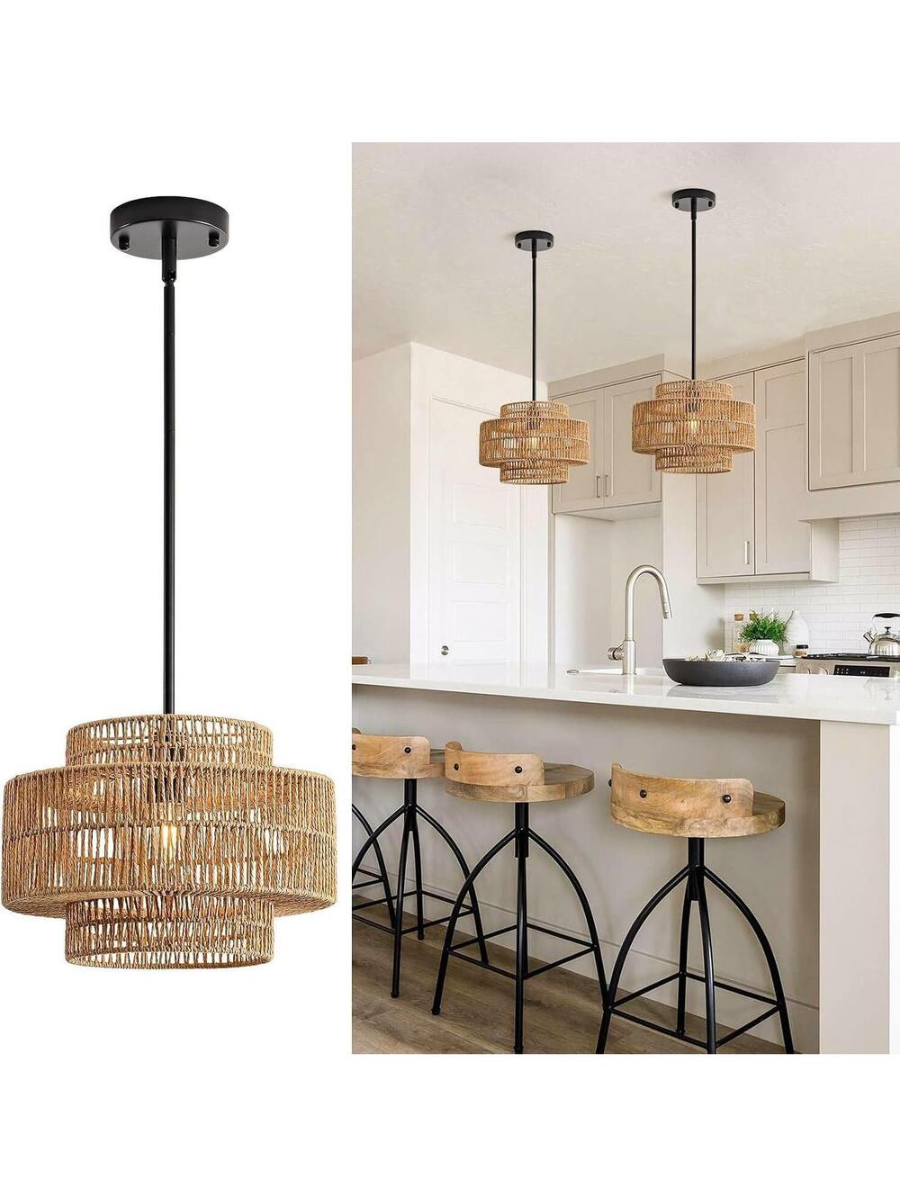 InterMaka 12.4" Rattan Pendant Light Wicker Boho Farmhouse Hanging Fixture